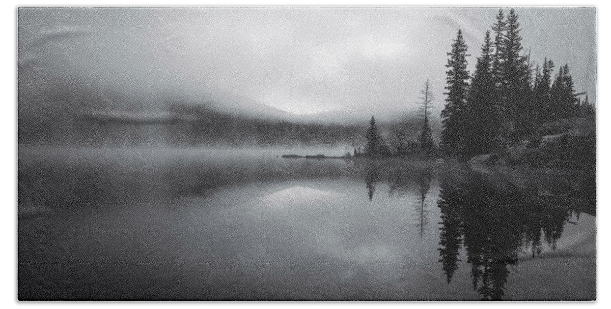 Moody Morning Lake Reflection Beach Towel featuring the photograph Moody Morning Lake Reflection by Dan Sproul