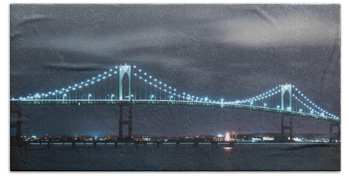 Newport Bridge Beach Towel featuring the photograph Moody Skies over the Newport Bridge by Christina McGoran
