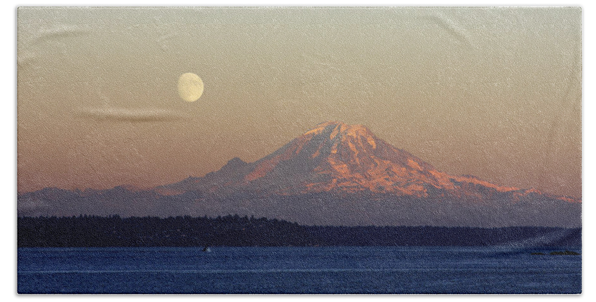 #faatoppicks Beach Towel featuring the photograph Moon Over Rainier by Adam Romanowicz