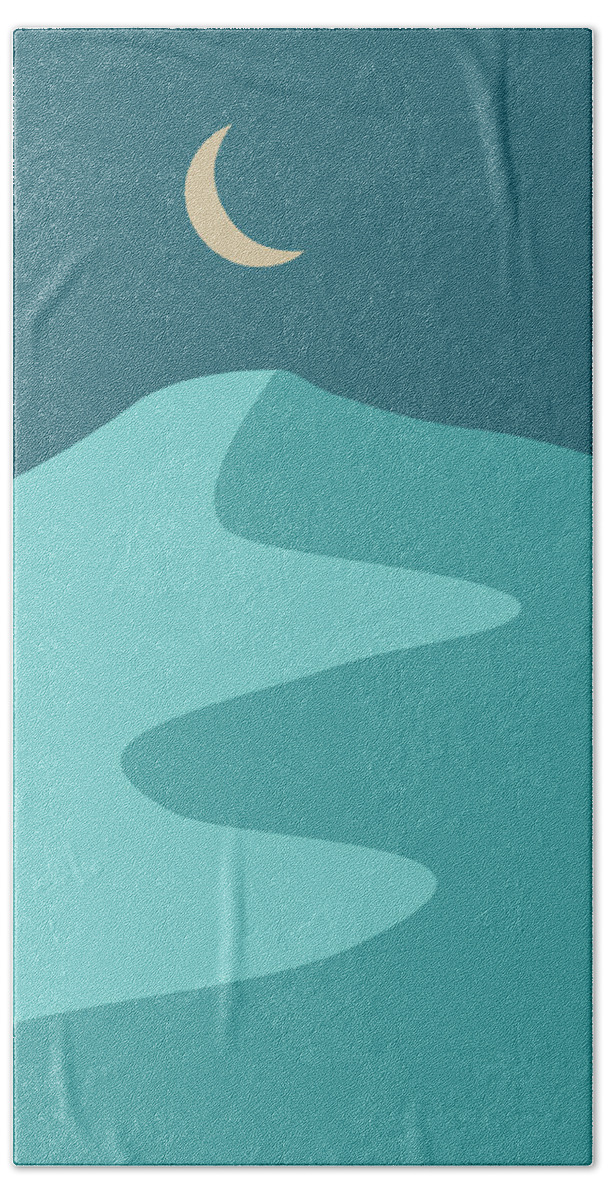 Sand Dunes Beach Towel featuring the mixed media Moonlight and Sand Dunes - Desert Landscape - Modern, Minimal, Contemporary Abstract Print - Blue by Studio Grafiikka