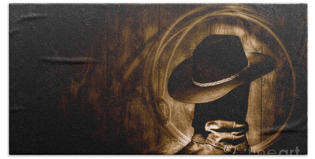 Western Beach Towel featuring the photograph Moonlight Cowboy Boots - Sepia by Olivier Le Queinec