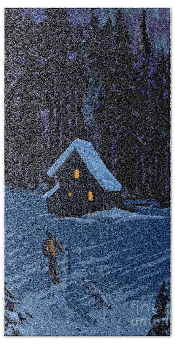 Snowshoe Beach Towel featuring the painting Moonlit Snowshoeing by Sassan Filsoof