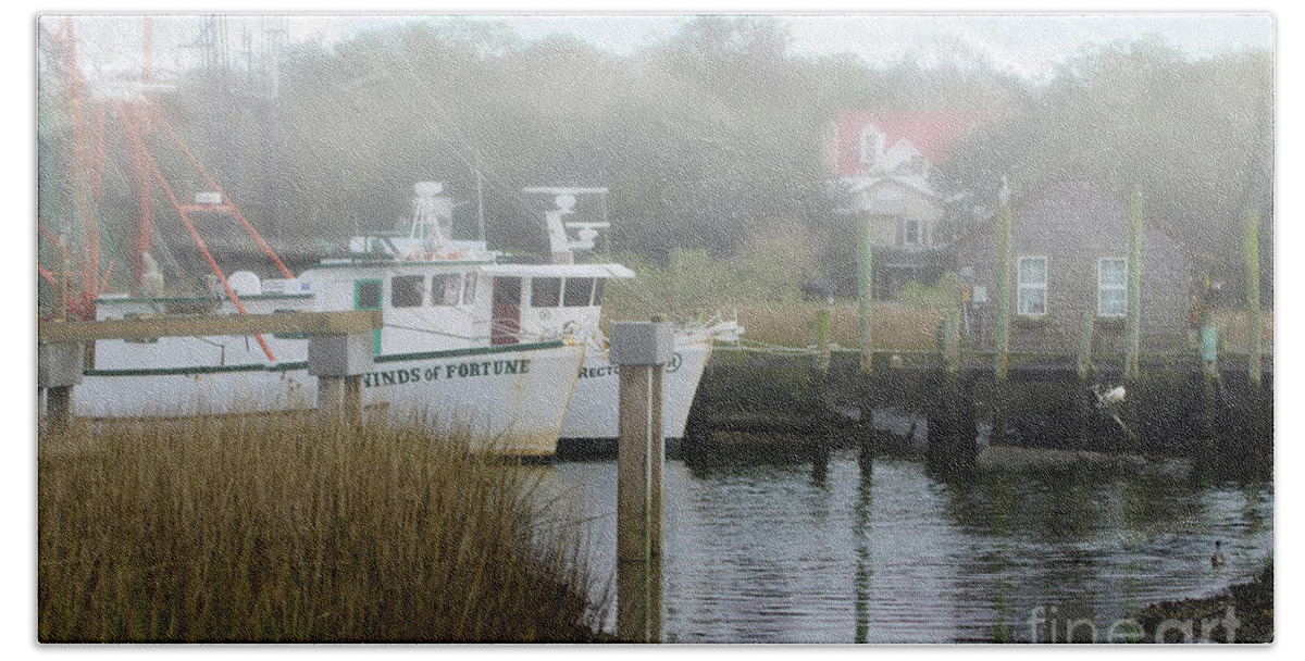 Winds Of Fortune Beach Towel featuring the photograph Morning Fog over Winds of Fortune on Shem Creek by Dale Powell