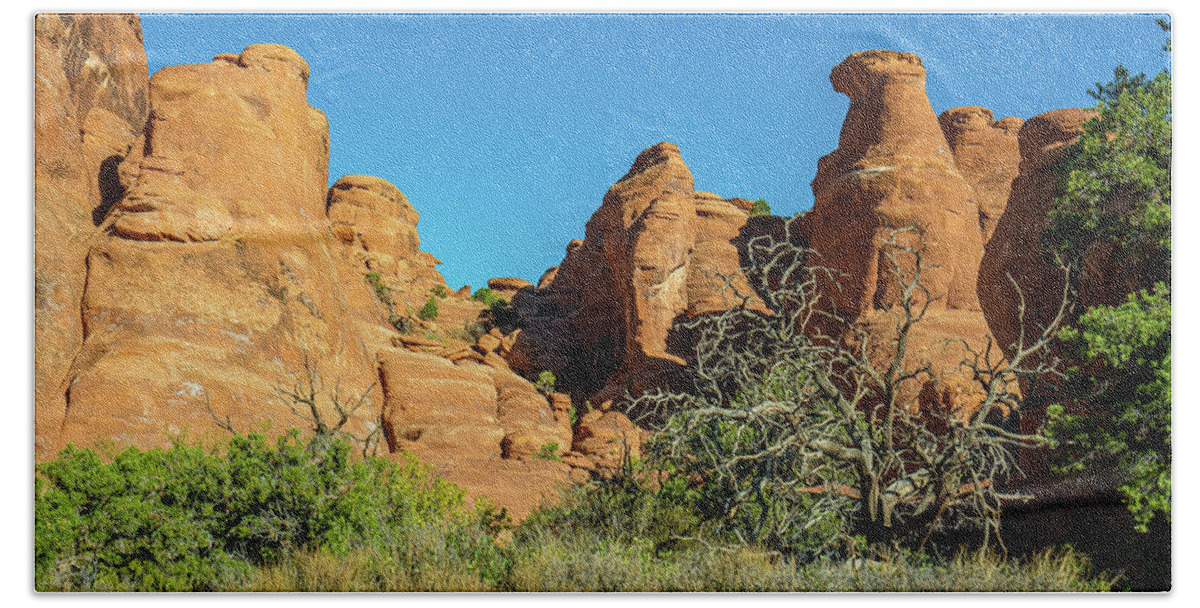 Arches National Park Beach Towel featuring the photograph Morning Hoo Doos by Ron Long Ltd Photography