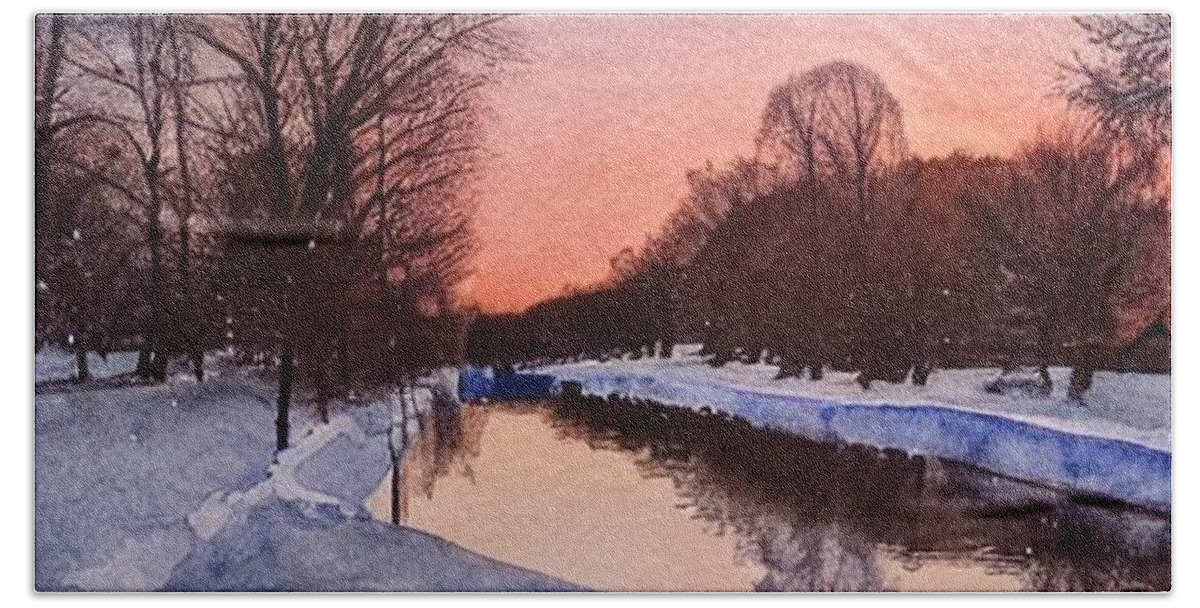 Morris Canal Beach Towel featuring the painting Morris Canal in Winter 1 by Christopher Lotito