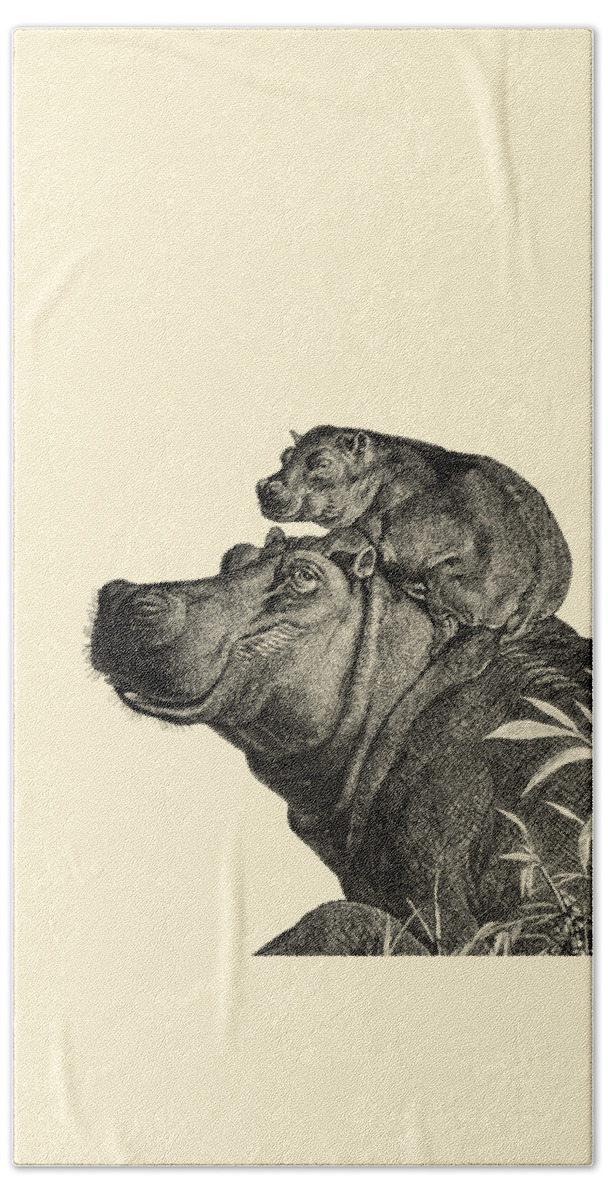 Hippo Beach Towel featuring the digital art Mother And Baby Hippo by Madame Memento