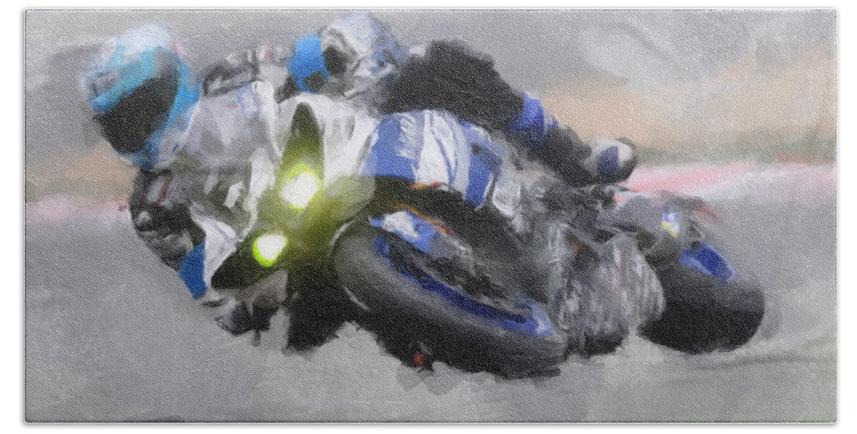 Motorcycle Beach Towel featuring the painting Motorcycle Racer by Gary Arnold
