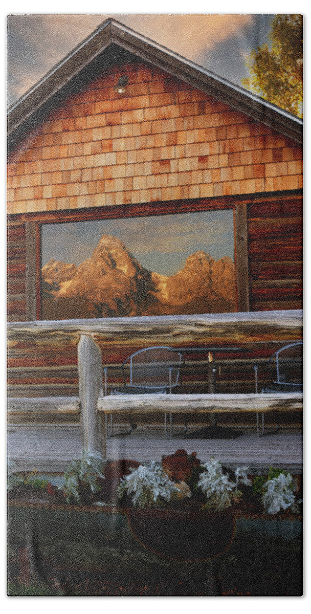 Late Snow Beach Sheet featuring the photograph Moulton Ranch Cabin Reflection Grand Tetons by Gary Langley