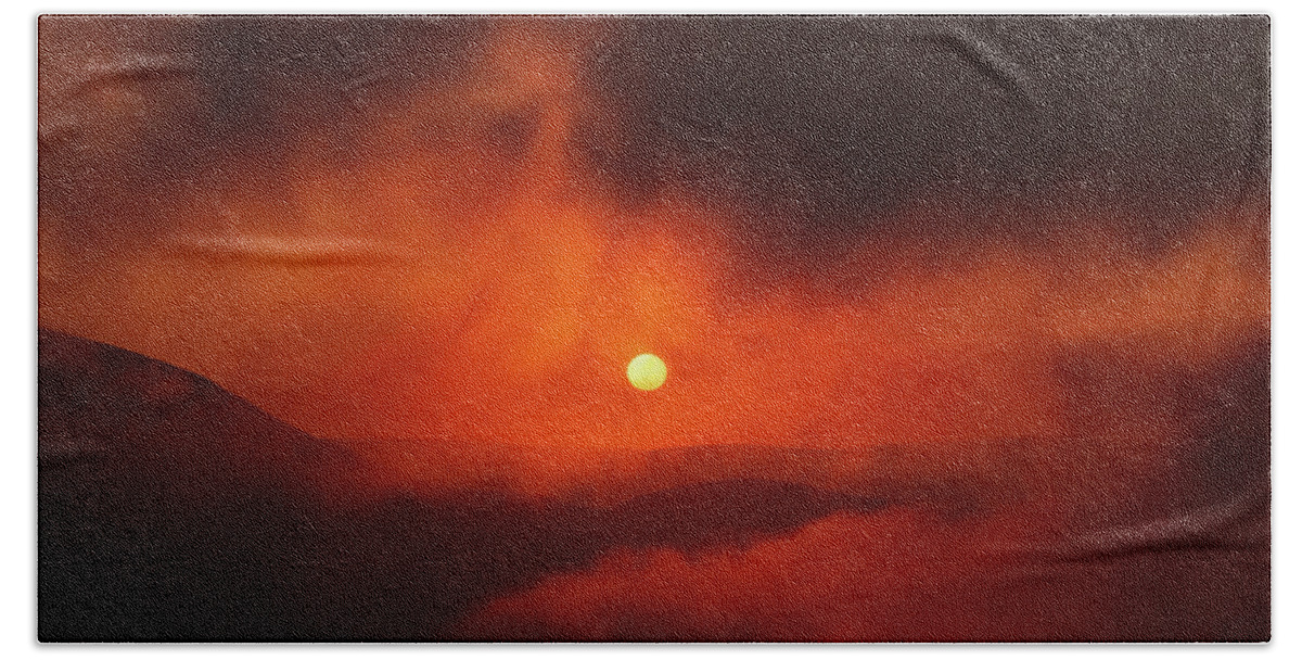 Mountain Beach Towel featuring the photograph Mountain dramatic sunset in clouds by Mikhail Kokhanchikov