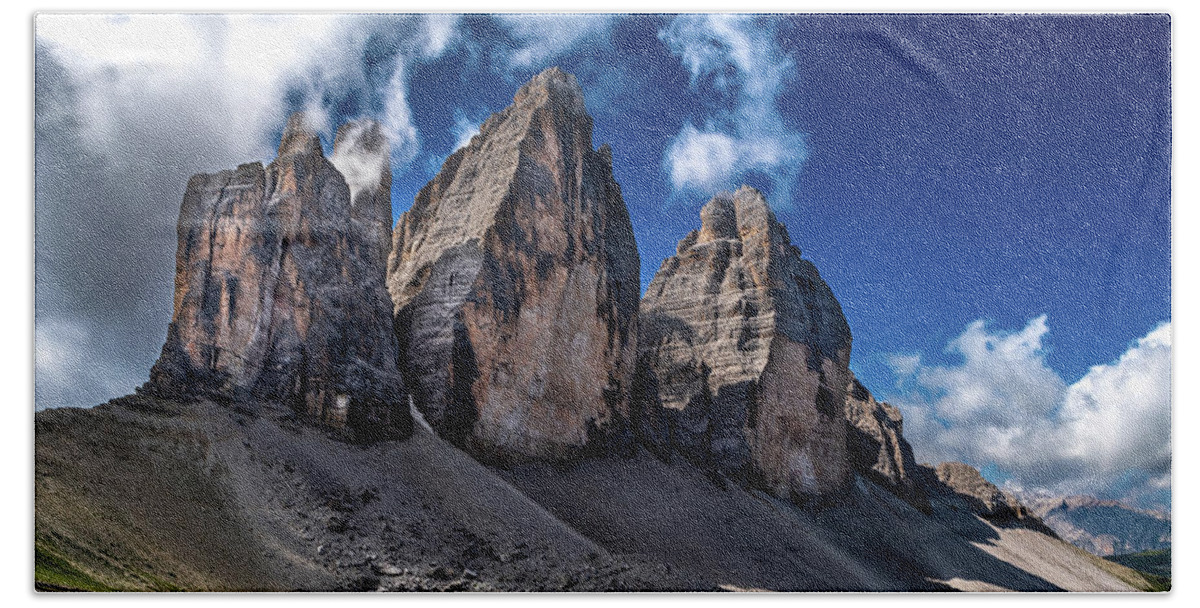 Alpine Beach Towel featuring the photograph Mountain Formation Tre Cime Di Lavaredo In The Dolomites Of South Tirol In Italy by Andreas Berthold