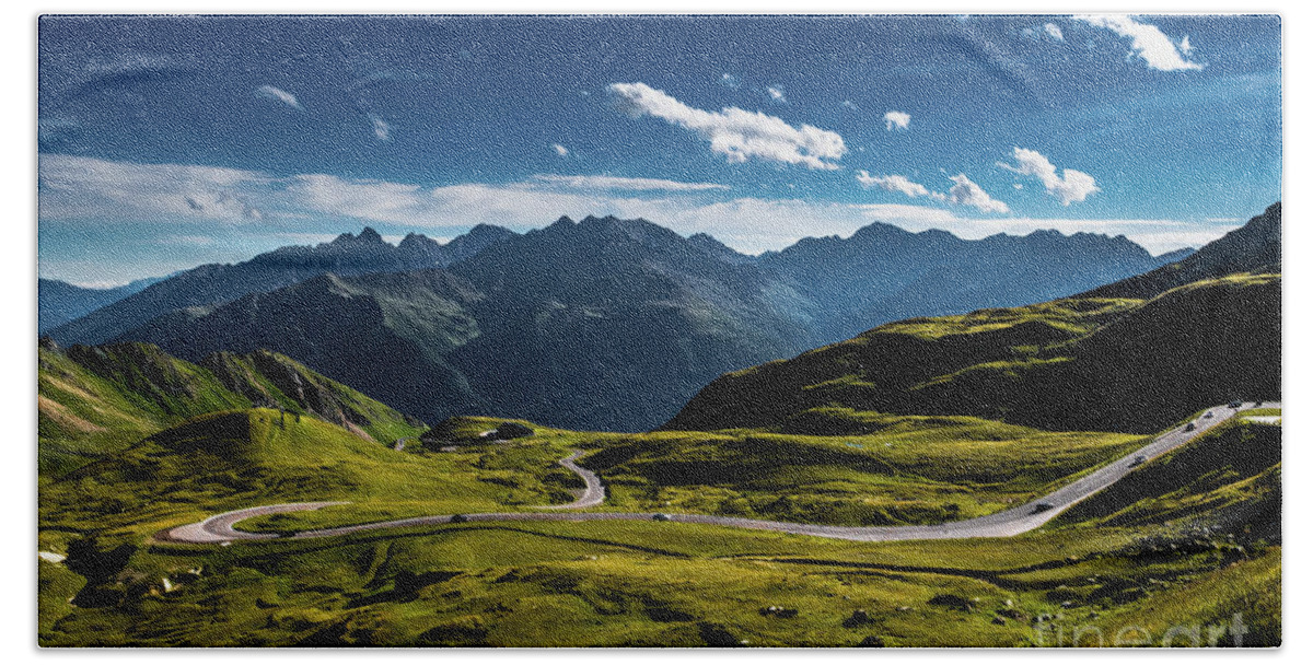 Adventure Beach Towel featuring the photograph Mountain Pass And High Alpine Road In National Park Hohe Tauern With Mountain Peak Grossglockner by Andreas Berthold