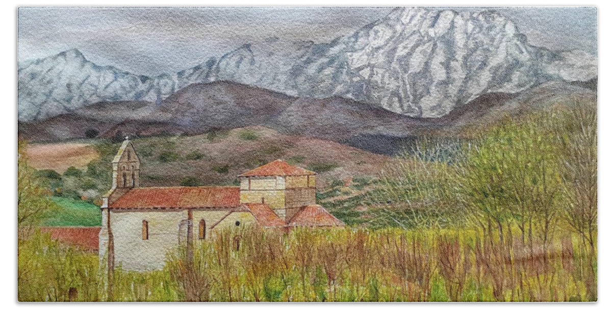 Watercolors Beach Towel featuring the painting Mountains and church. Spain by Carolina Prieto Moreno