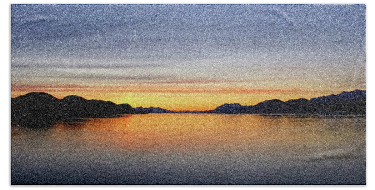 Alaska Beach Towel featuring the photograph Mountains and sea - sunset alpineglow by Steve Estvanik