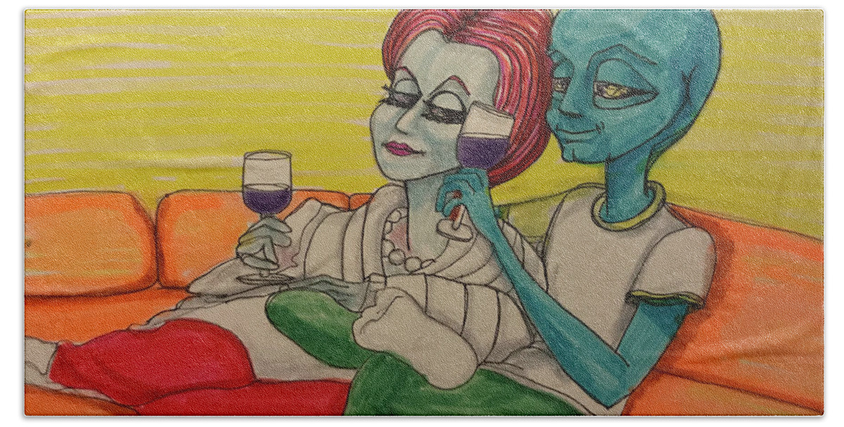 Date Night Beach Towel featuring the drawing Movie Night by Similar Alien