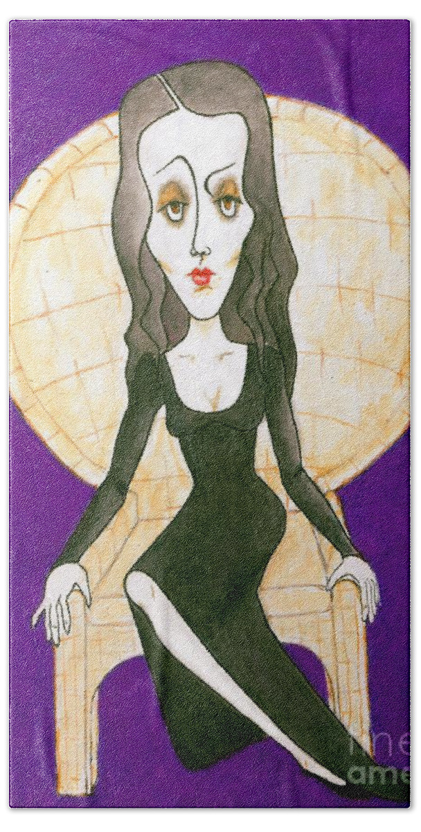 Morticia Addams Beach Towel featuring the mixed media Mrs. A.-- Morticia Addams -- Girl Fiends series by Jayne Somogy
