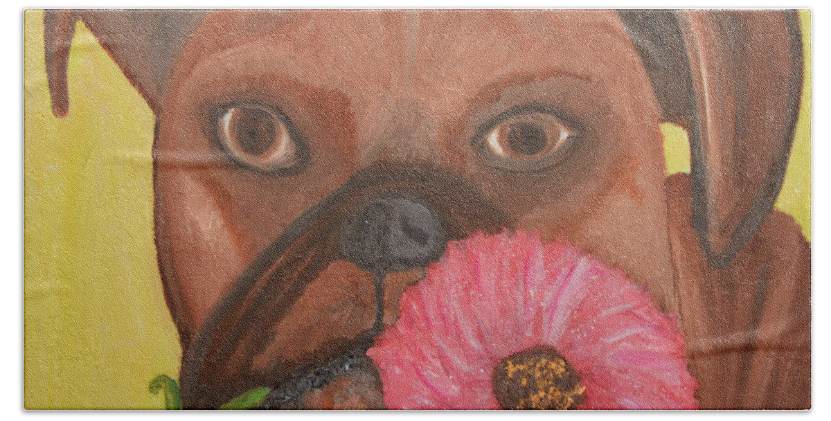 Dogs Beach Towel featuring the painting Ms. Marigold by Anita Hummel