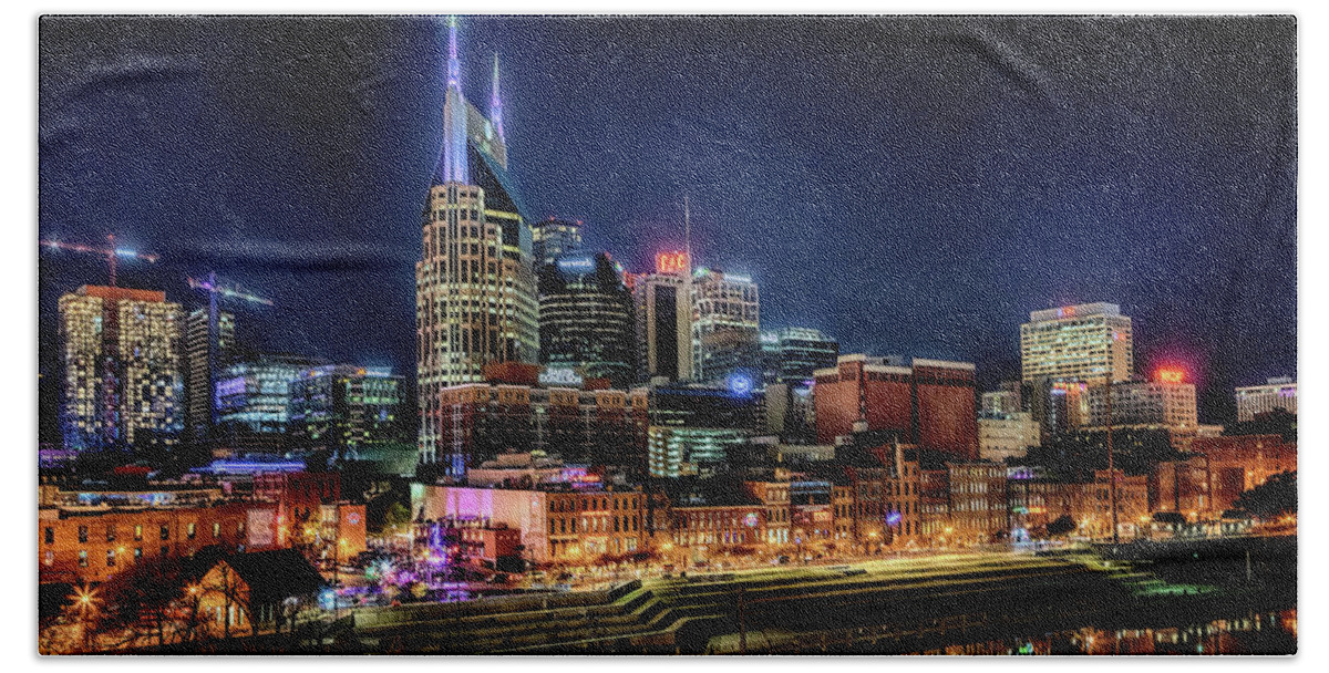 Nashville Skyline Beach Towel featuring the photograph Music City at Night by Susan Rissi Tregoning