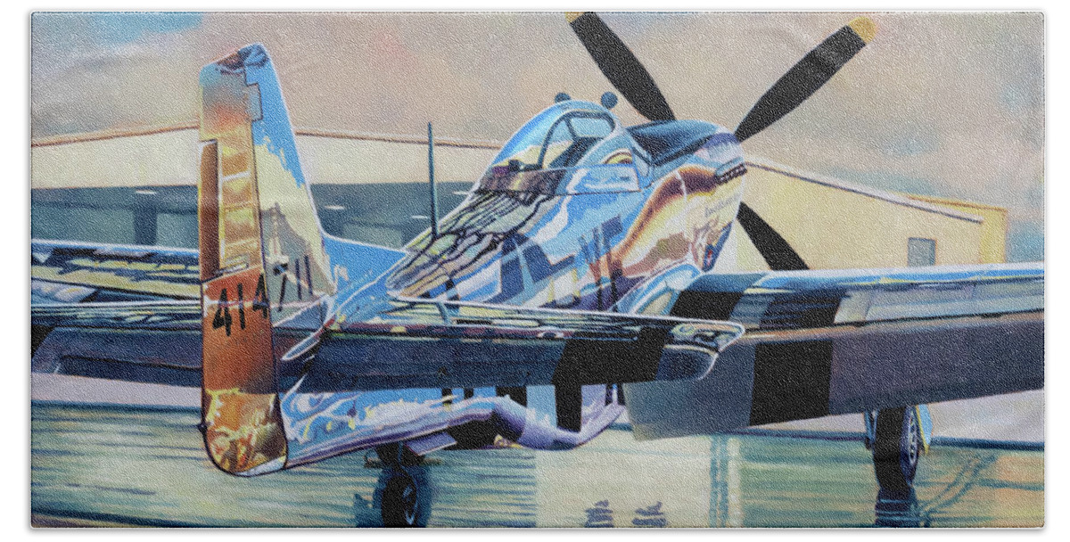 Aviation Art Beach Towel featuring the painting Mustang In Hangar by Douglas Castleman