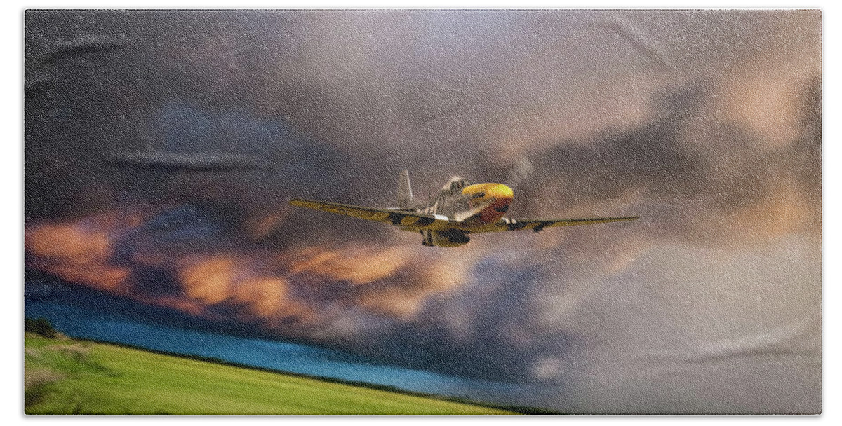 P-51 Mustang Beach Towel featuring the digital art Mustang Out Of The Storm by Airpower Art