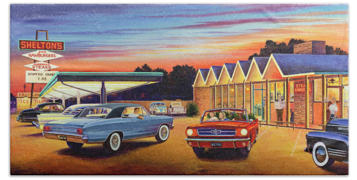 Mustang Beach Sheet featuring the painting Mustang Sally - Shelton's Diner 2 by Randy Welborn