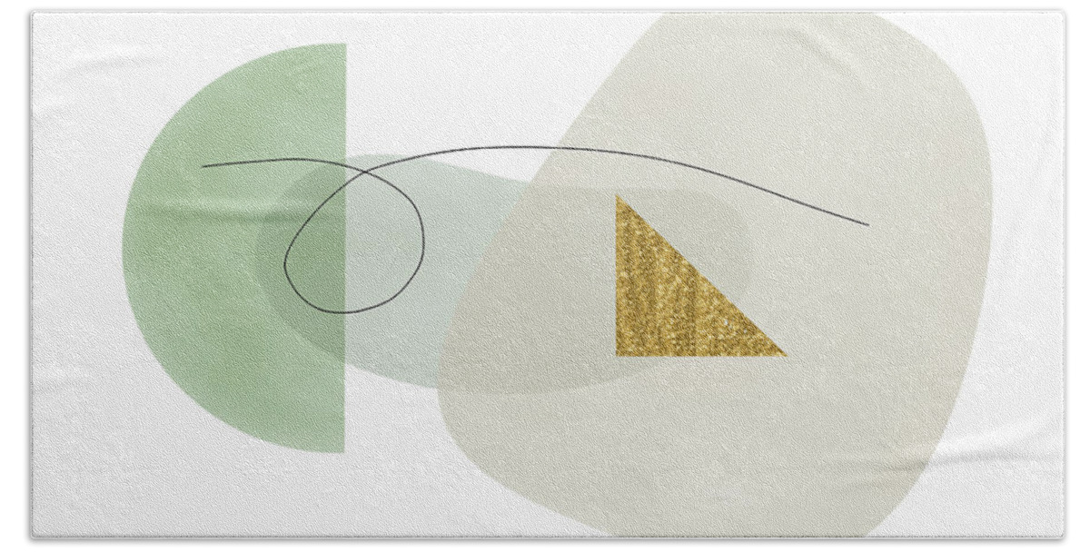 Semi-circle Beach Towel featuring the digital art Muted Green Shapes with Gold Triangle Abstract by Alison Frank