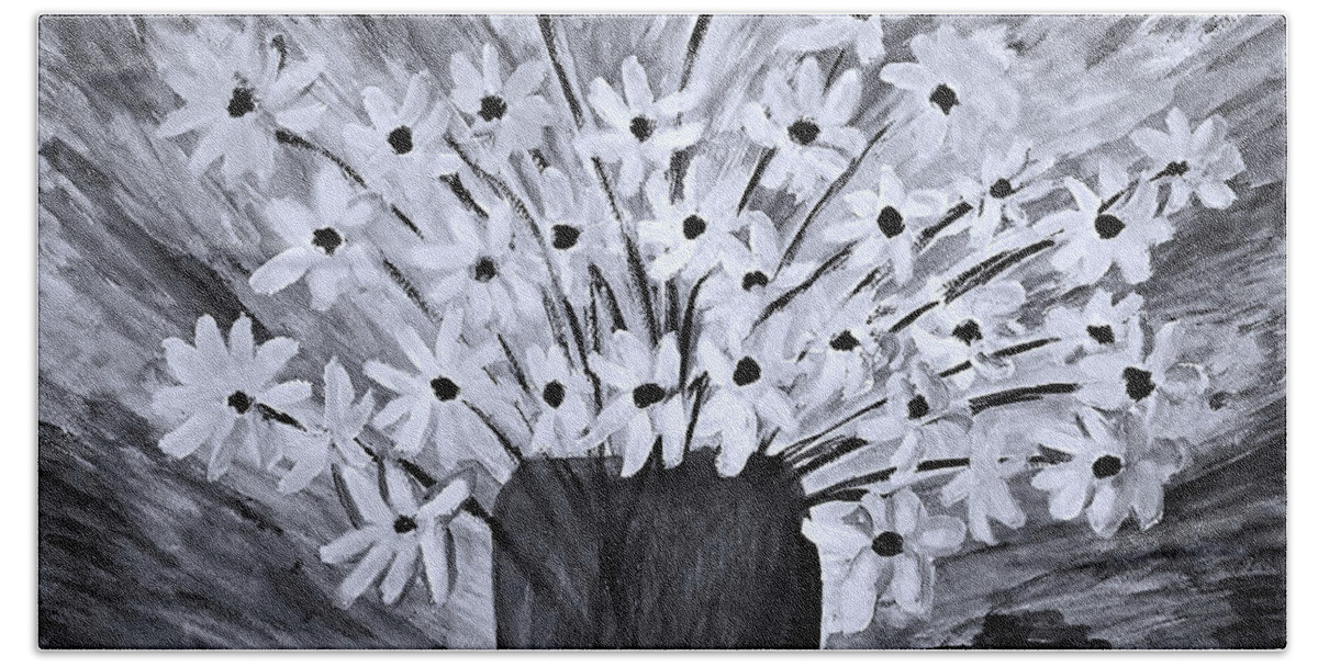 Daisy Beach Sheet featuring the painting My Daisies Black and White version by Ramona Matei
