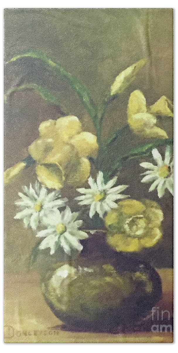 Still Life Beach Towel featuring the painting First Love -- Daffodils and Daisies by Catherine Ludwig Donleycott