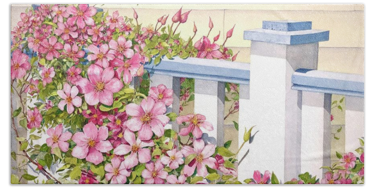 Clematis Beach Towel featuring the painting My Porch Railing 2 by Mary Ellen Mueller Legault