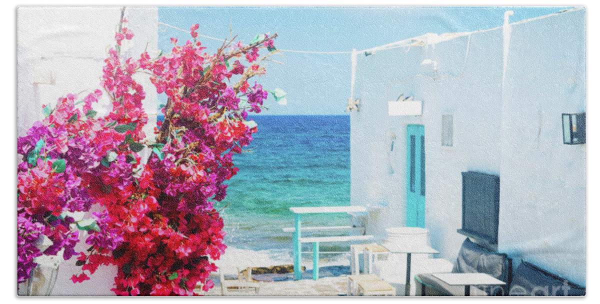 Aegean Beach Towel featuring the photograph Naoussa white street by Anastasy Yarmolovich