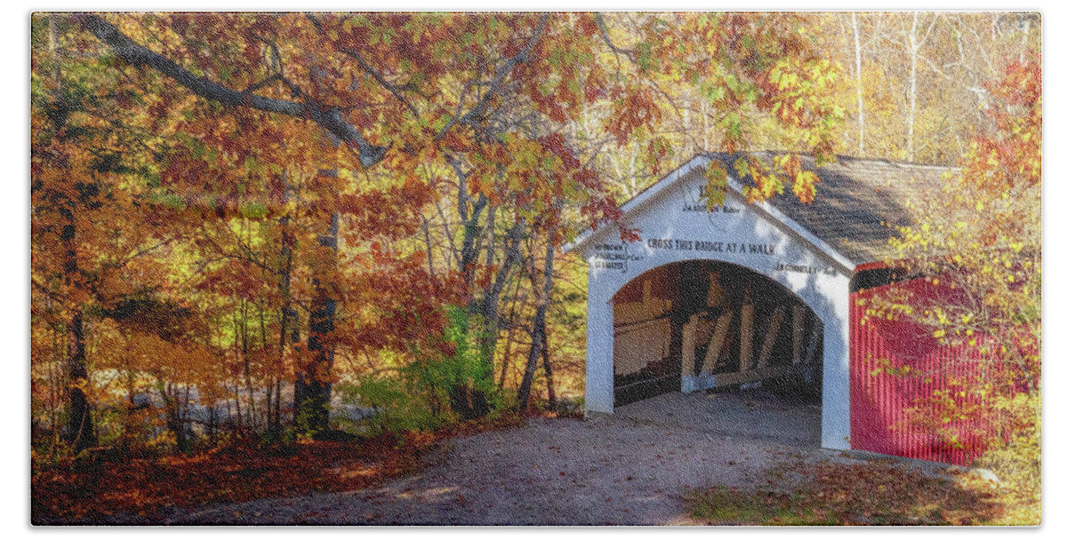 Parke County Beach Towel featuring the photograph Narrows Covered Bridge in Autumn by Susan Rissi Tregoning