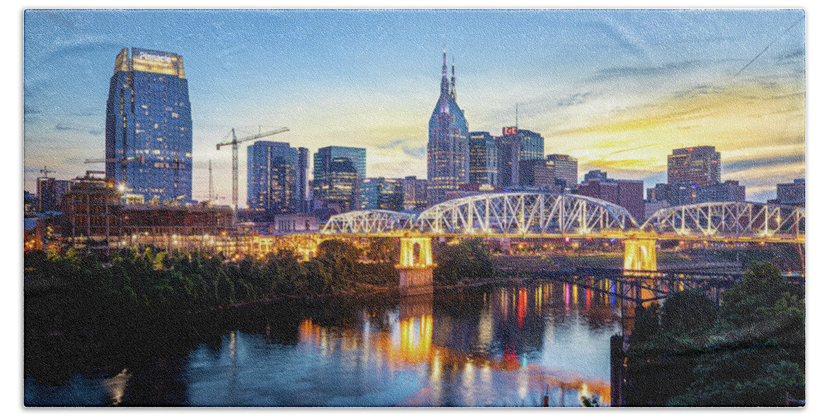 Nashville Beach Towel featuring the photograph Nashville Tennessee Skyline At Sunset by Jordan Hill