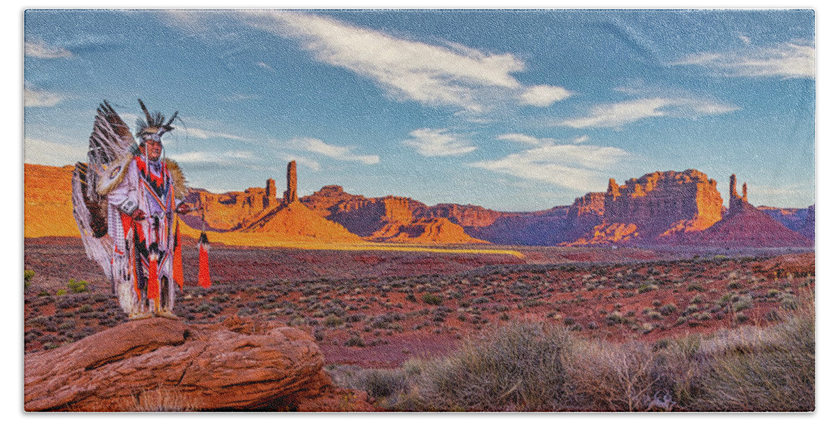 Southwest Beach Towel featuring the photograph Navajo Fancy Dancer at Valley Of The Gods - 1 by Dan Norris