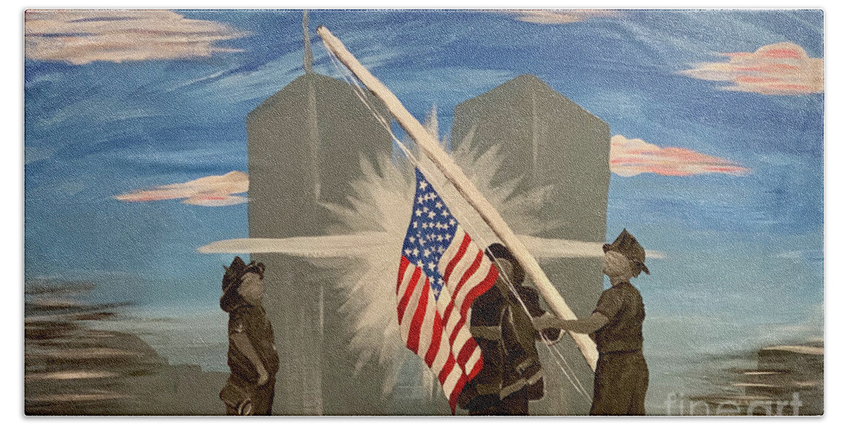 Twin Towers Beach Towel featuring the painting Never Forget 9/11 by Deena Withycombe
