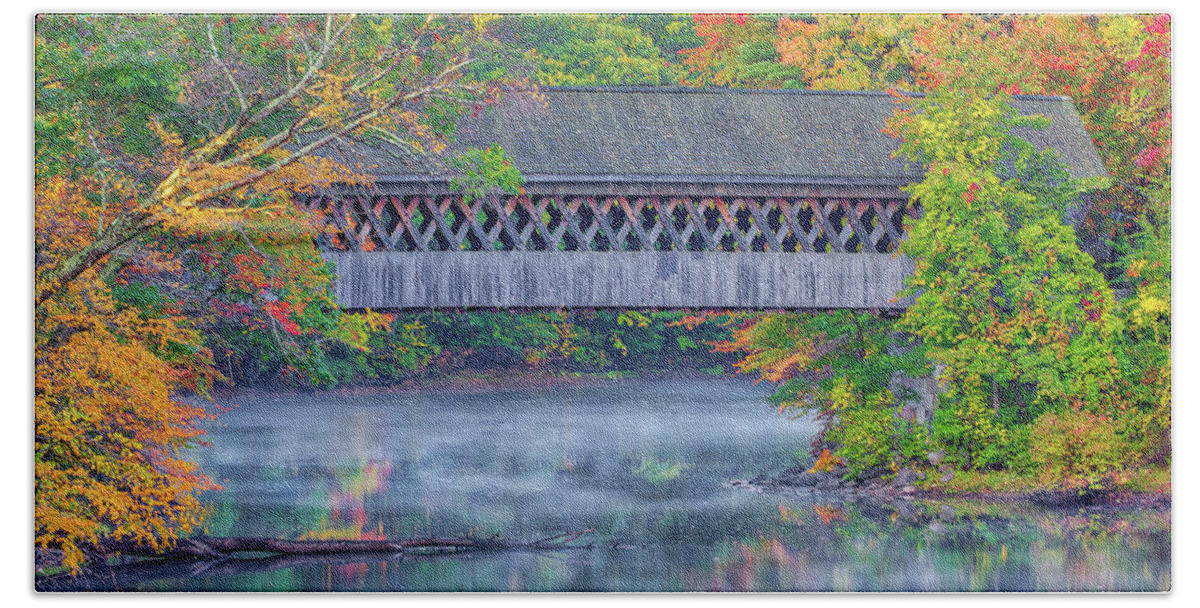 Henniker Covered Bridge Beach Towel featuring the photograph New England Fall Foliage at the Henniker Covered Bridge by Juergen Roth