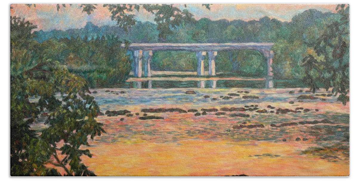 Landscape Beach Sheet featuring the painting New Memorial Bridge at Dusk by Kendall Kessler