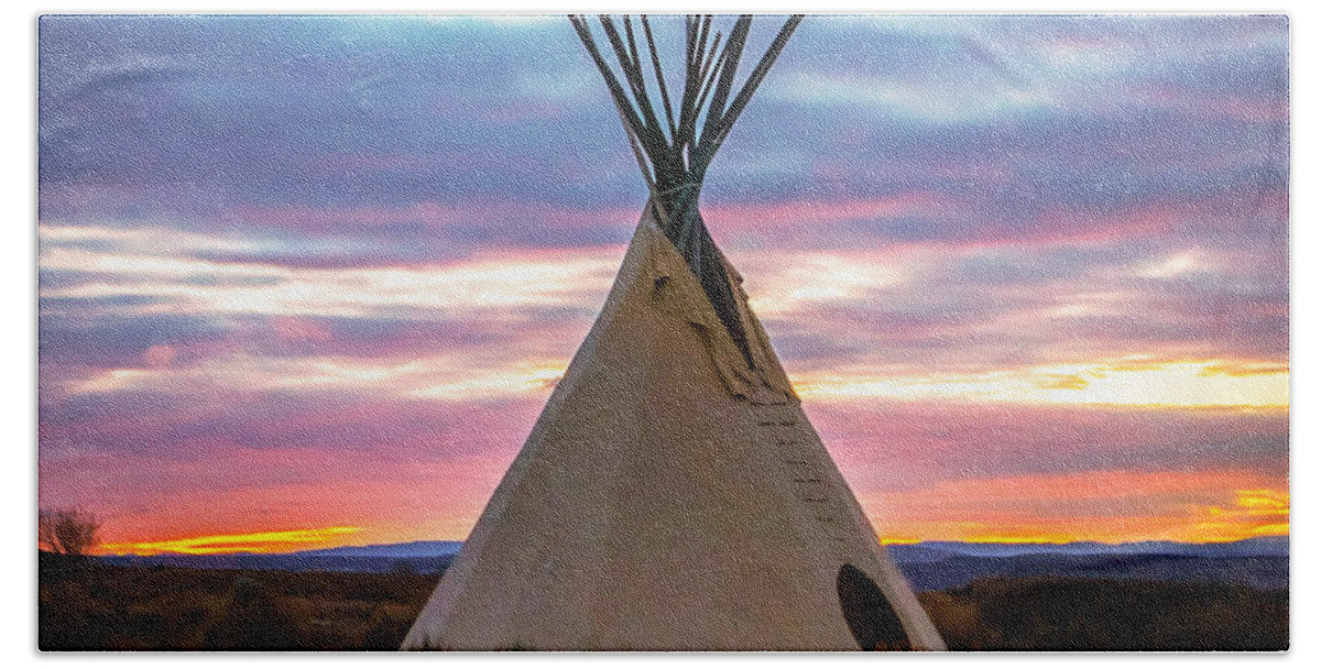 Taos Beach Towel featuring the photograph New Mexico Sunset with a Tipi by Elijah Rael
