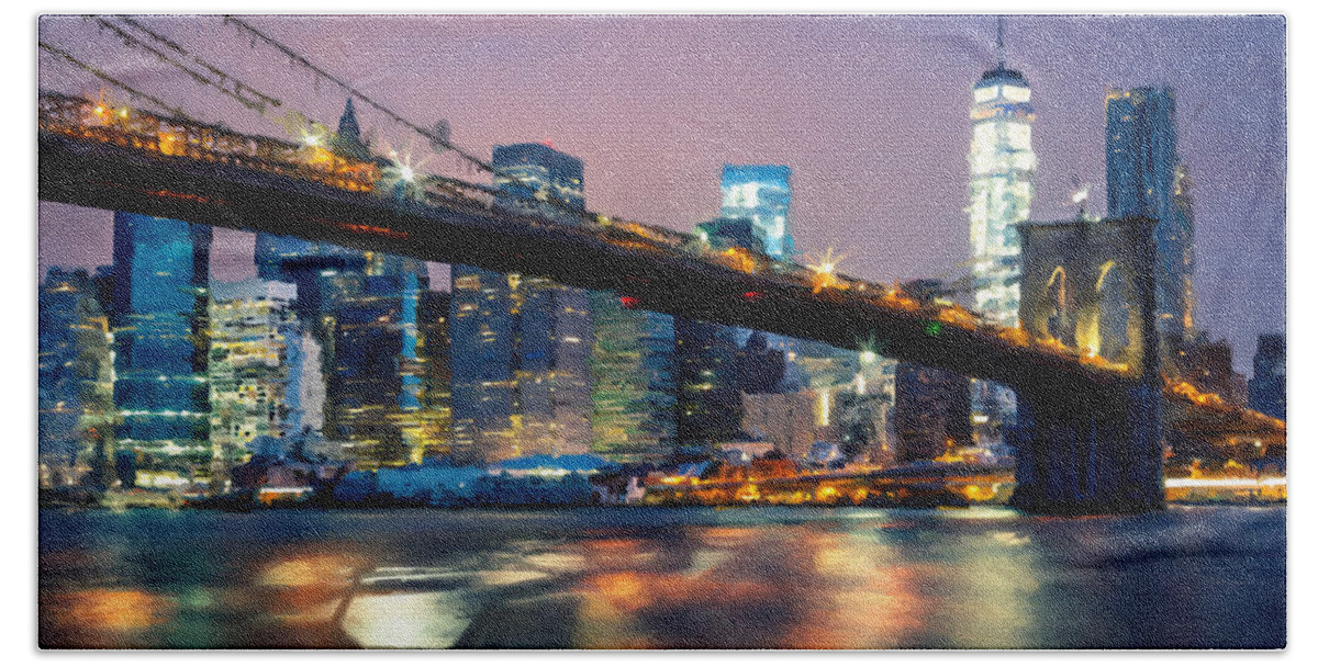 Brooklyn Beach Towel featuring the painting New York City Brooklyn Bridge Black And Skyline by Tony Rubino
