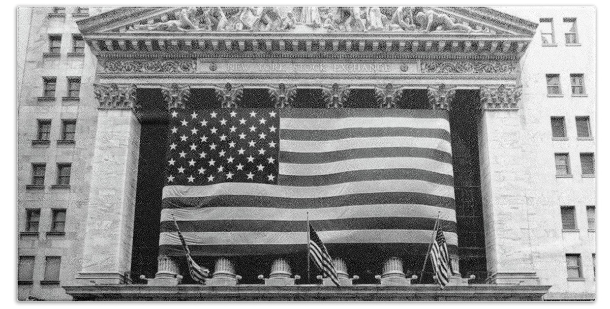 New York Beach Towel featuring the photograph New York Stock Exchange Flag Black and White by Christopher Arndt