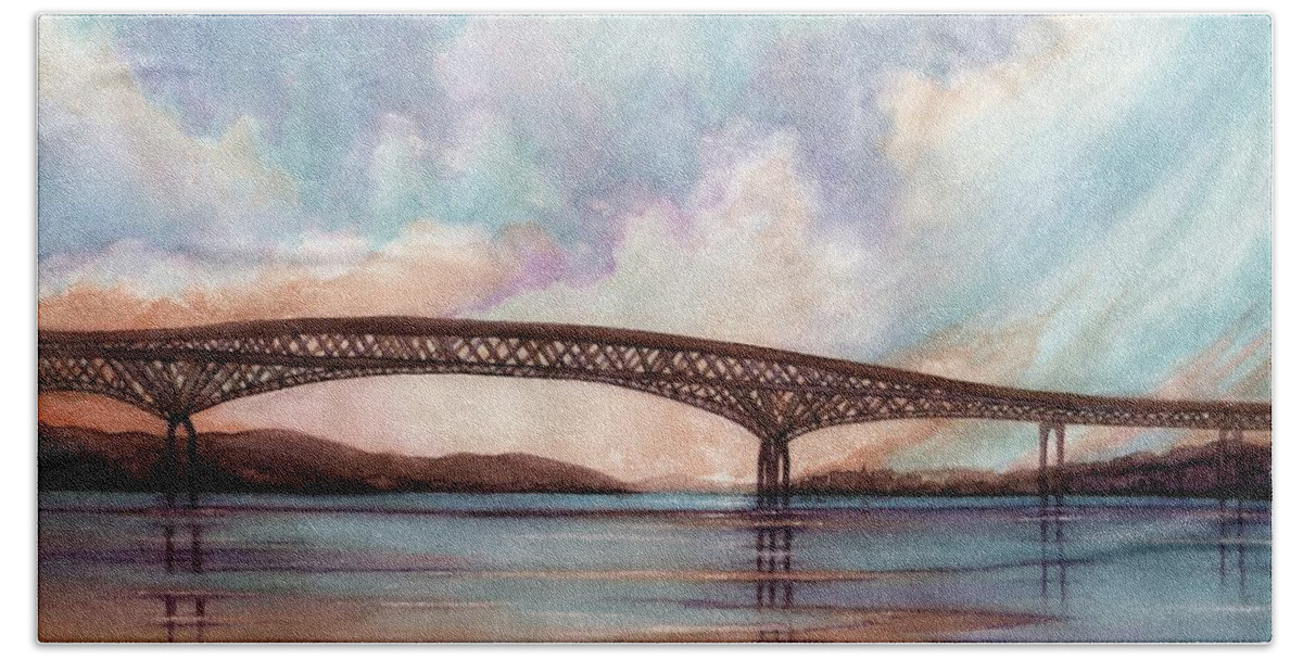 Bridge Beach Towel featuring the painting Newburgh Beacon bridge sky by Janine Riley
