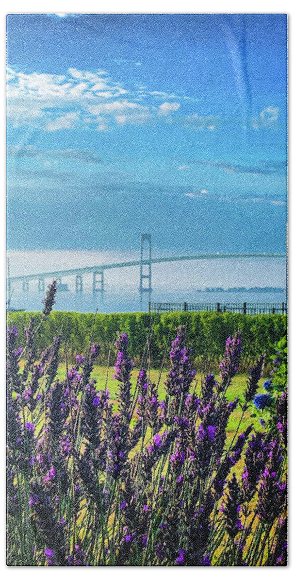 Jamestown Beach Towel featuring the photograph Newport Bridge through lavender by Jim Feldman