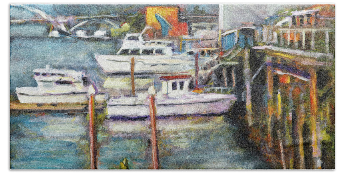 Newport Beach Towel featuring the painting Newport, OR Harbor by Mike Bergen