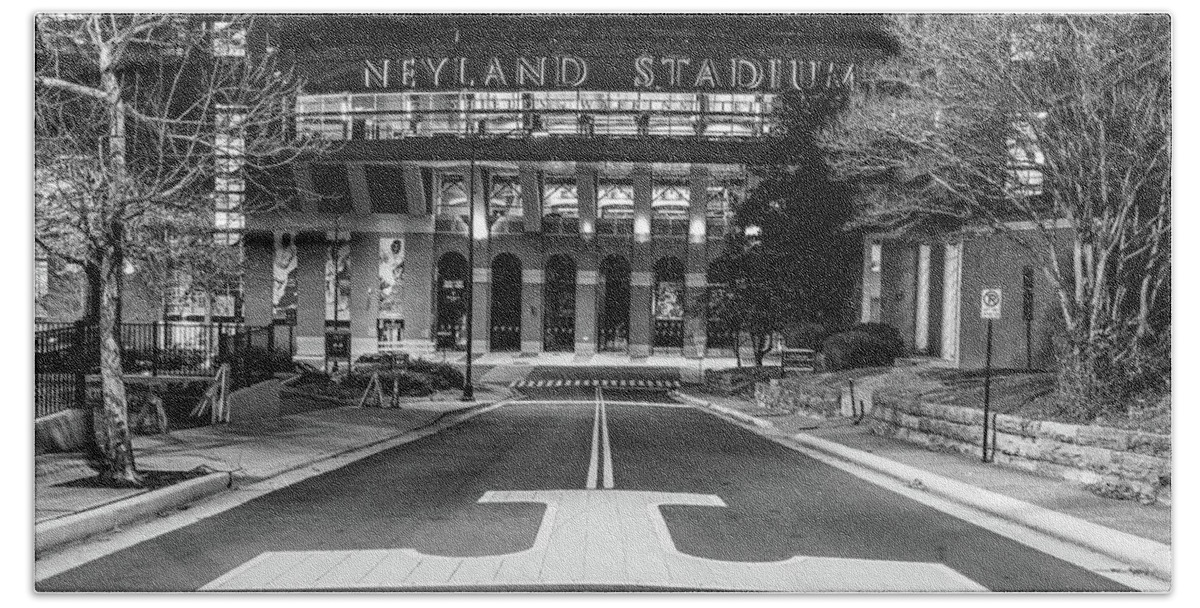 University Of Tennessee At Night Beach Towel featuring the photograph Neyland Stadium at the University of Tennessee at night in black and white by Eldon McGraw