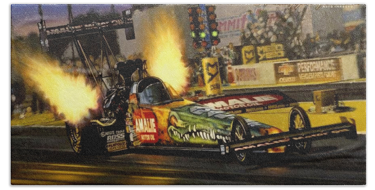 Nhra Funny Car Top Fuel Kenny Youngblood John Force Terry Mcmillan Nitro Drag Racing Beach Towel featuring the painting Nitro Gator by Kenny Youngblood