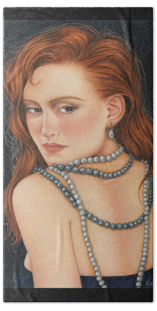 No Looking Back; Redheaded Woman; Black Pearls; If Looks Could Kill; Coco Channel; Bewitched; Pearl Earring; Portrait Of Beautiful Women; Woman's Back; Backward Glance Beach Towel featuring the painting No Looking Back by Valerie Evans