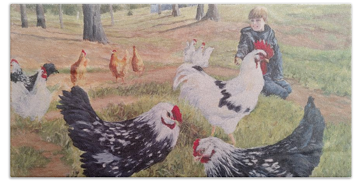 Landscape Beach Towel featuring the painting Noah and his Chickens by ML McCormick