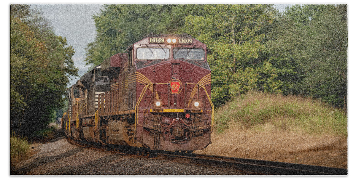 Railroad Beach Towel featuring the photograph Norfolk Southern 168, With NS Pennsylvania Heritage Unit 8102 At Ayrshire by Jim Pearson