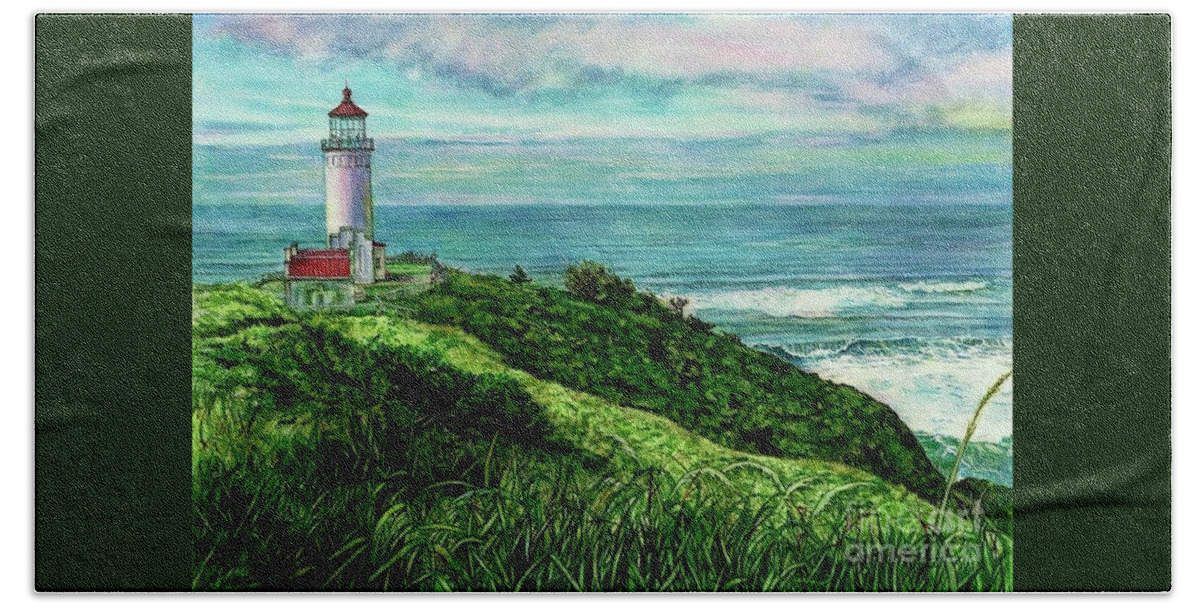Cynthia Pride Watercolor Paintings Beach Towel featuring the painting North Head Lighthouse and Beyond by Cynthia Pride