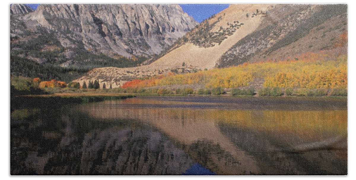 Cerulean Blue Sky Beach Towel featuring the photograph Cerulean Blue Sky - Reflections on North Lake - Bishop  by Bonnie Colgan