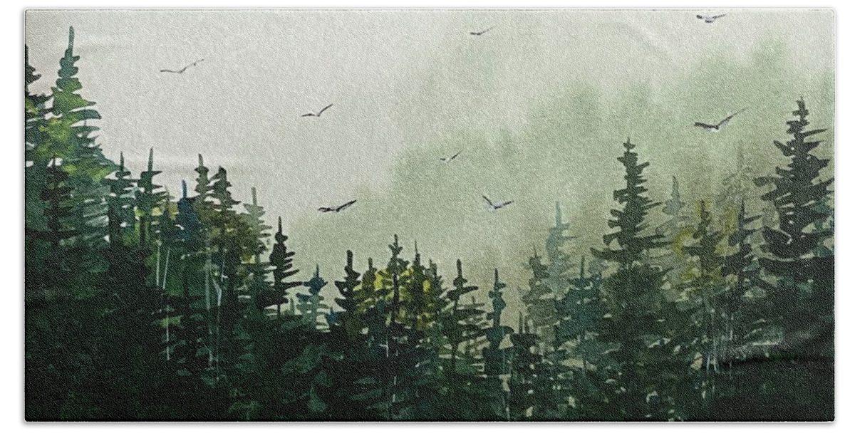 Northern Pines Maine Beach Towel featuring the painting Northern Pines in the Mist by Kellie Chasse
