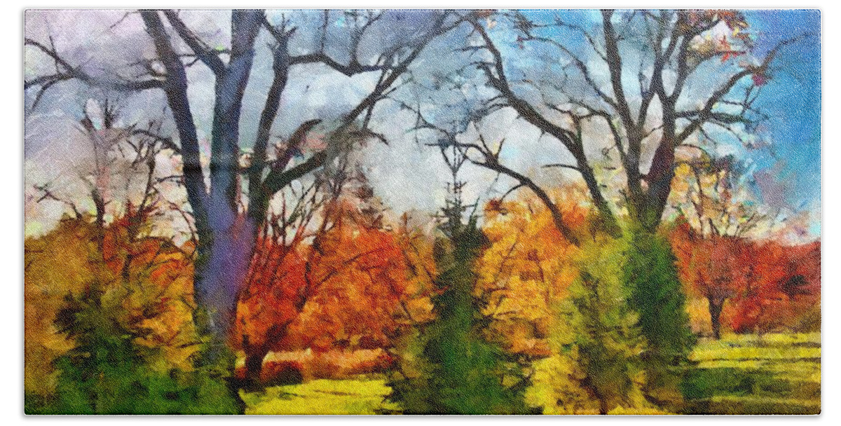 Autumn Beach Towel featuring the mixed media November Field by Christopher Reed